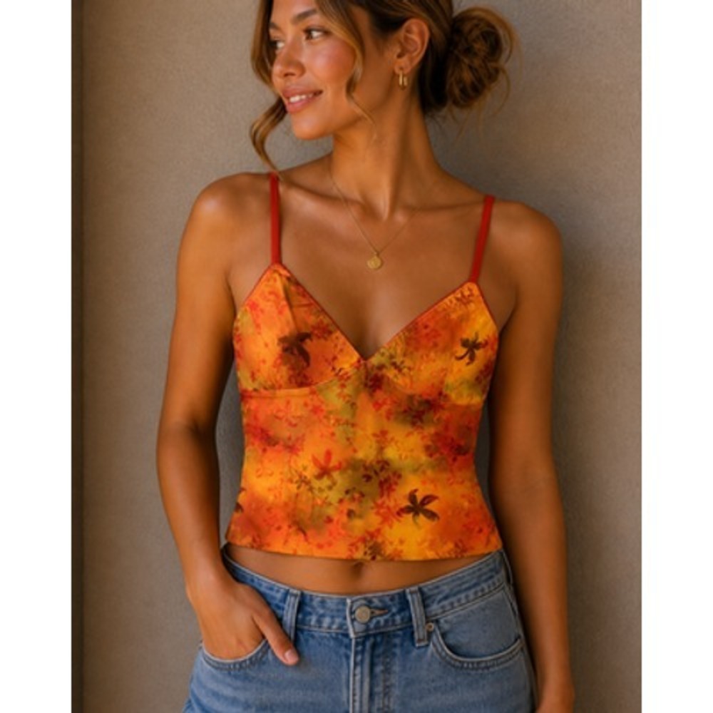 Third Charm Y2K Babydoll Tank Womens Medium Fairy‎ Orange Floral Cami Summer